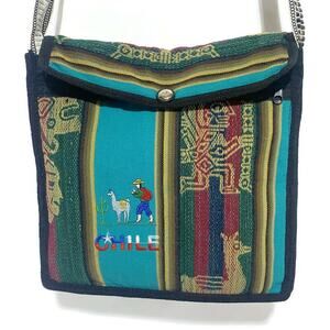 Chile Andean Shoulder Bag Llama Boho Motif Multicolor Green Blue 10" x 10"